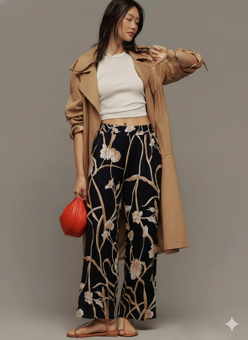 Black Floral Wide-Leg Pants