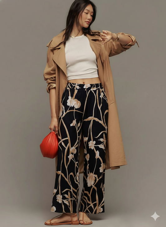 Black Floral Wide-Leg Pants