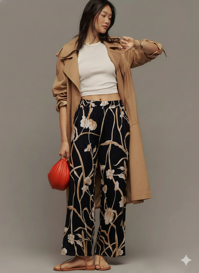 Black Floral Wide-Leg Pants