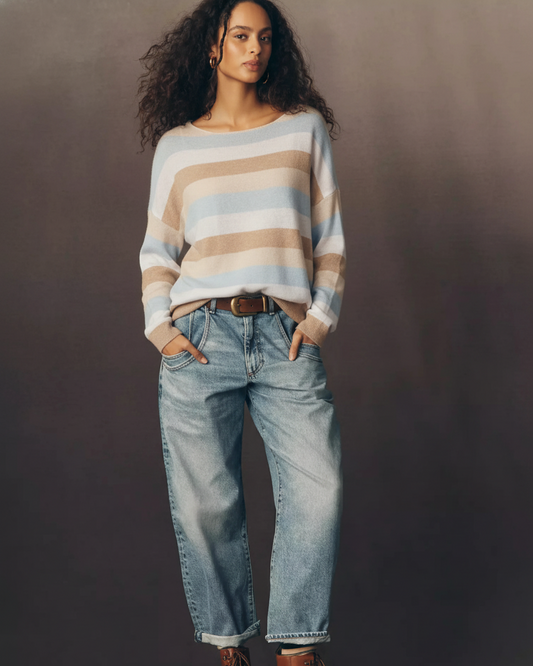 Sky Blue Striped Knit High Neck Pullover