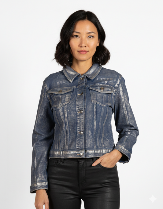 Silver Button Rivet 2 Pkt Multi Seam Foil Front Denim Jacket