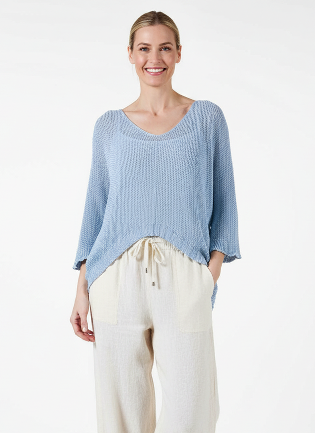 Blue Lurex Pull-On Sweater with 3/4 Sleeves