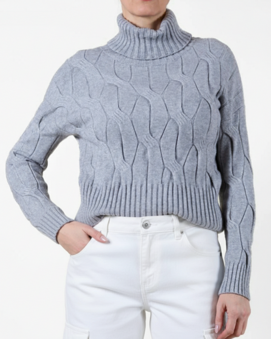 Grey Cowl Neck Long Sleeve Cable Knit Rib Trim Pullover