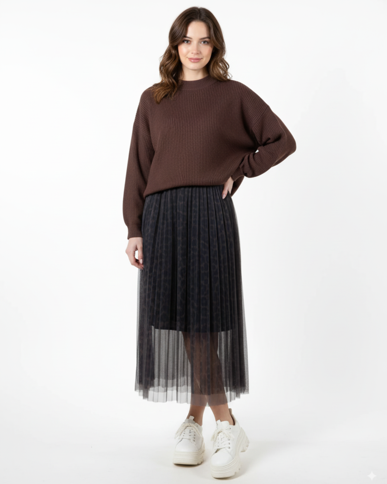 Jupe noire à enfiler, double couche plissée en maille à imprimé animalier