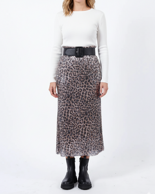 Beige Pull on Leopard Animal Sequin Skirt