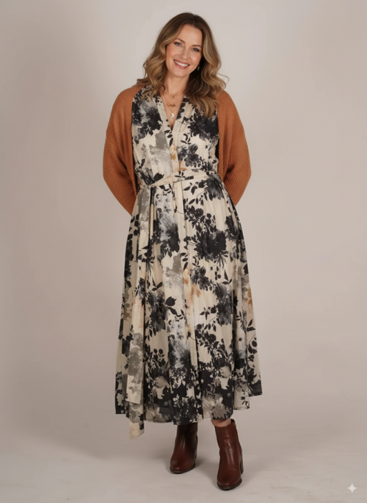 Black Floral Print Cap Sleeve Maxi Dress