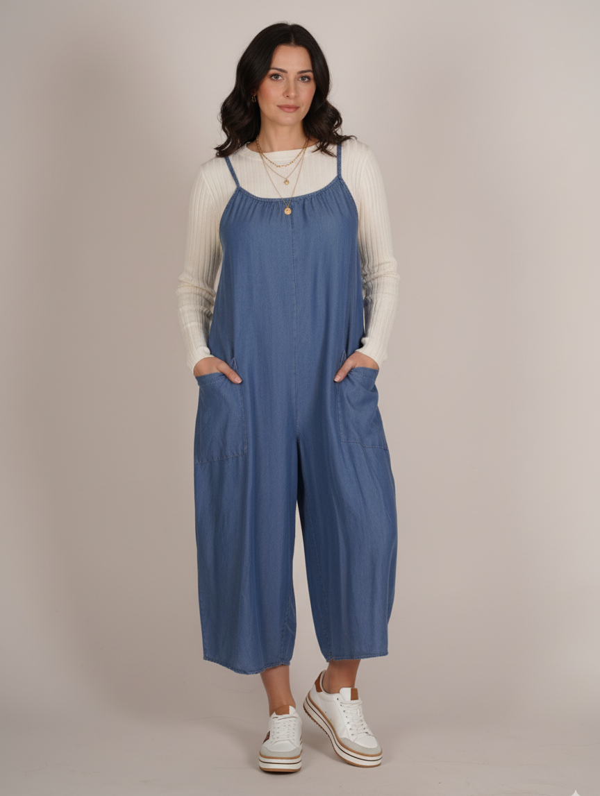 Combinaison sans manches en denim foncé à jambes larges et poches