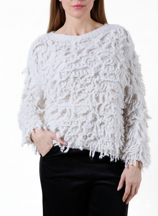 Ivory Boat Neck Long Sleeve Rug Knit Sweater