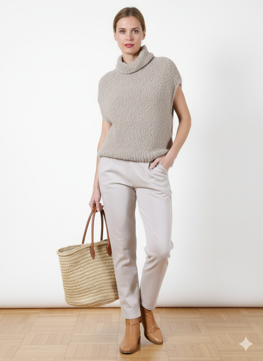 Beige Cowl Neck Sleeveless Chennille Vest