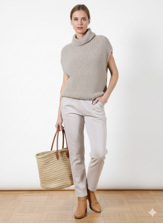 Beige Cowl Neck Sleeveless Chennille Vest