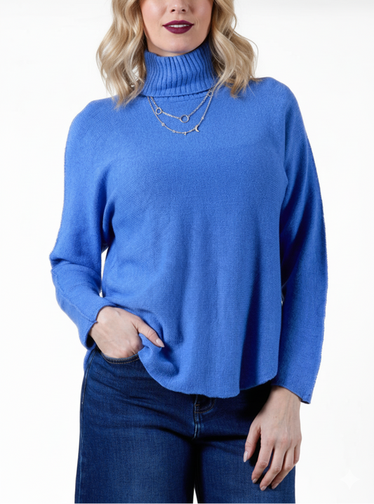 Pull-over bleu à col roulé manches longues