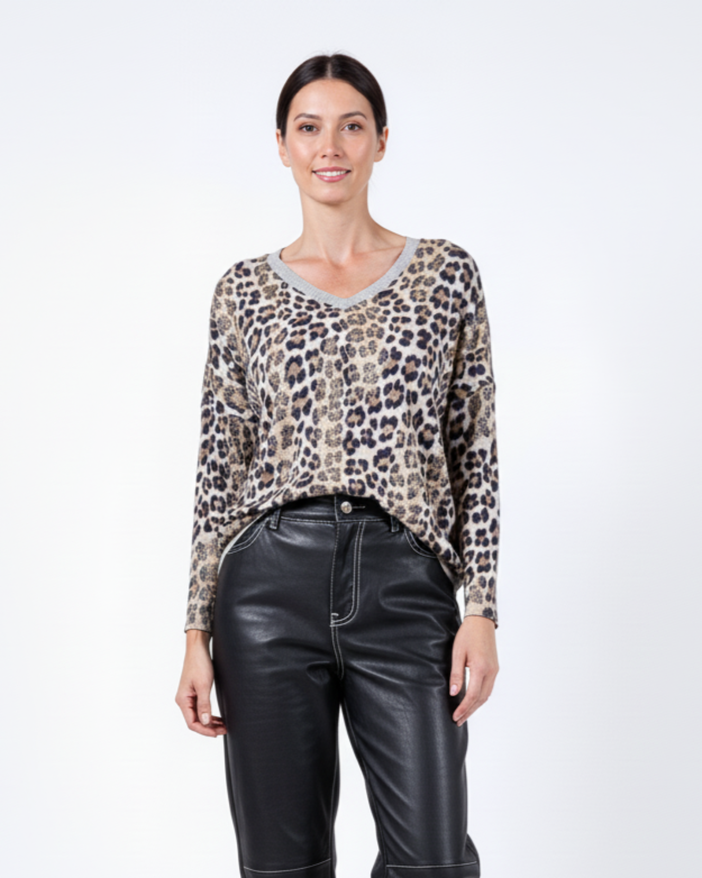 Taupe Chandail à épaules tombantes avec encolure en V et ourlet pailleté motif guépard