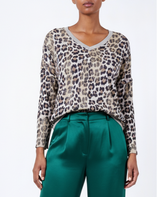 Taupe Glitter Hem Neck V Front Cheetah Drop Shoulder Pullover