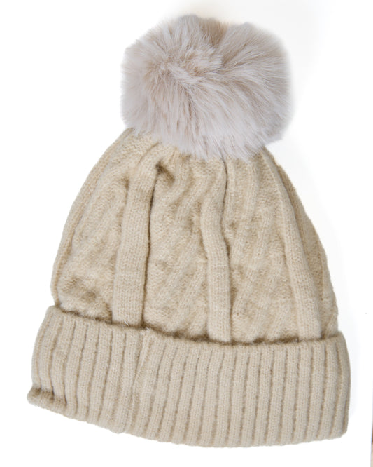 Cream Pom-Pom Knit Beanie