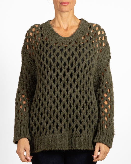 Army Drop Shoulder Scoop Neck Open Diamond Weave Sweater