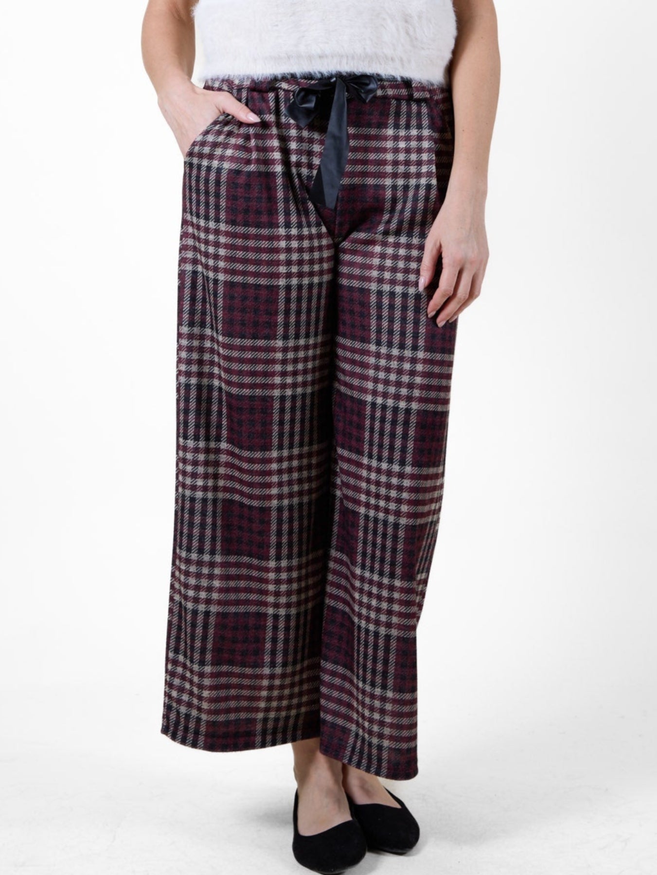 Pantalon à Enfiler à Carreaux avec Ceinture Bordeaux