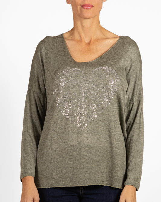 Army Scoop V Neck Drp Shoulder Rhinestone Paisley Front Hrt Pullover