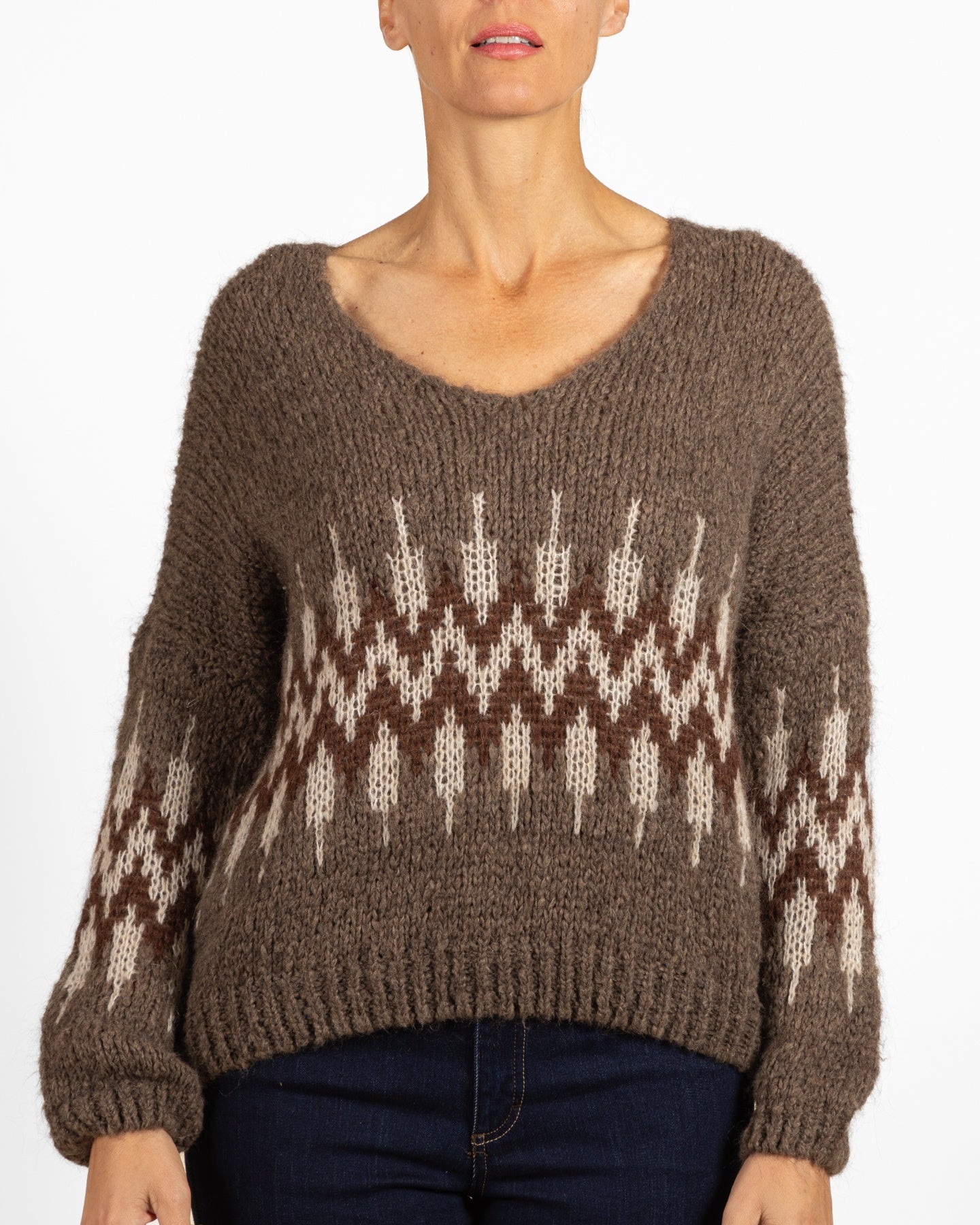 Espresso V Neck Drop Shoulder Multi Varigated Zig Zag Middle Sweater