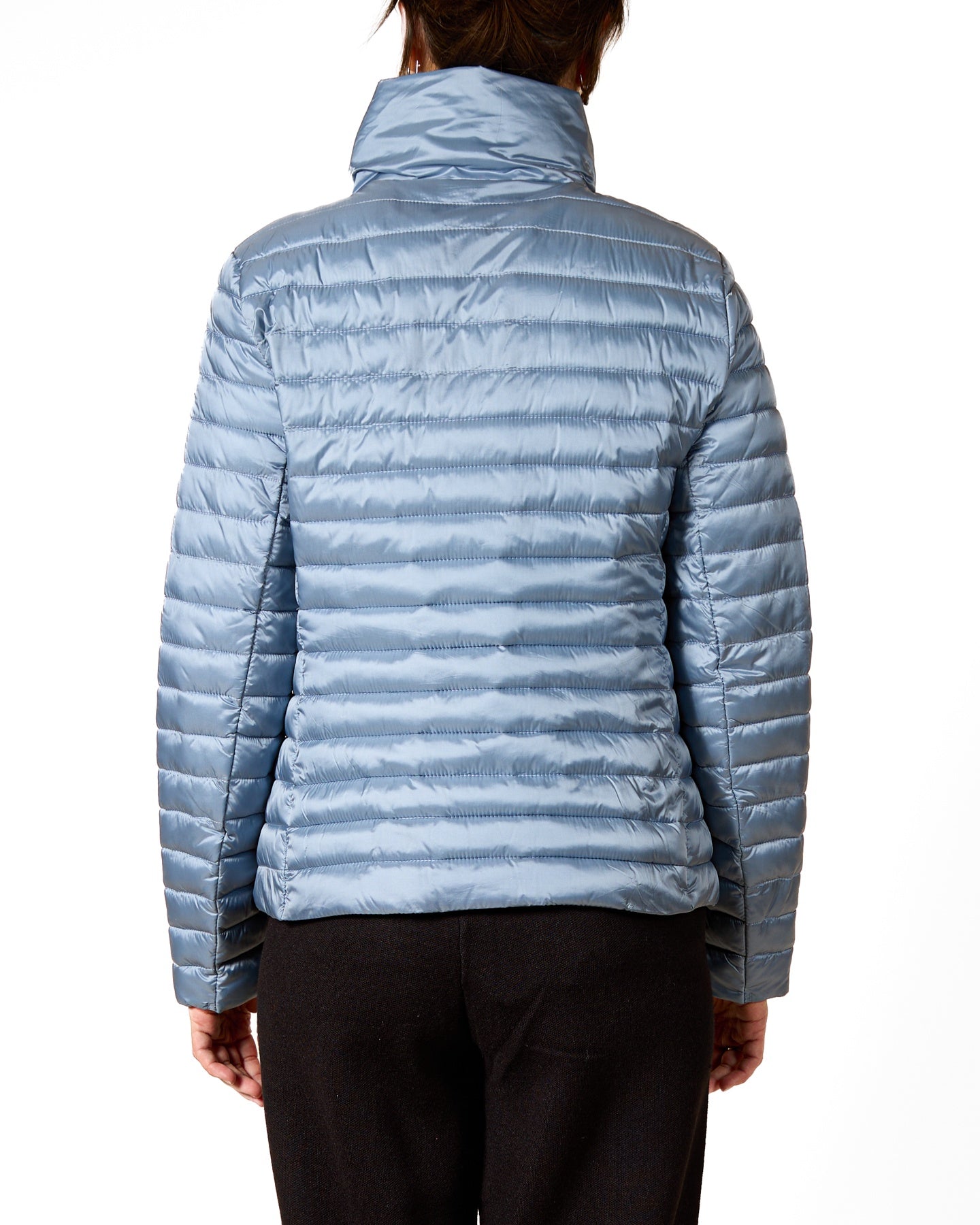 Sky Blue Asymmetrical Zip Quilted Jacket with Ruffle Accents