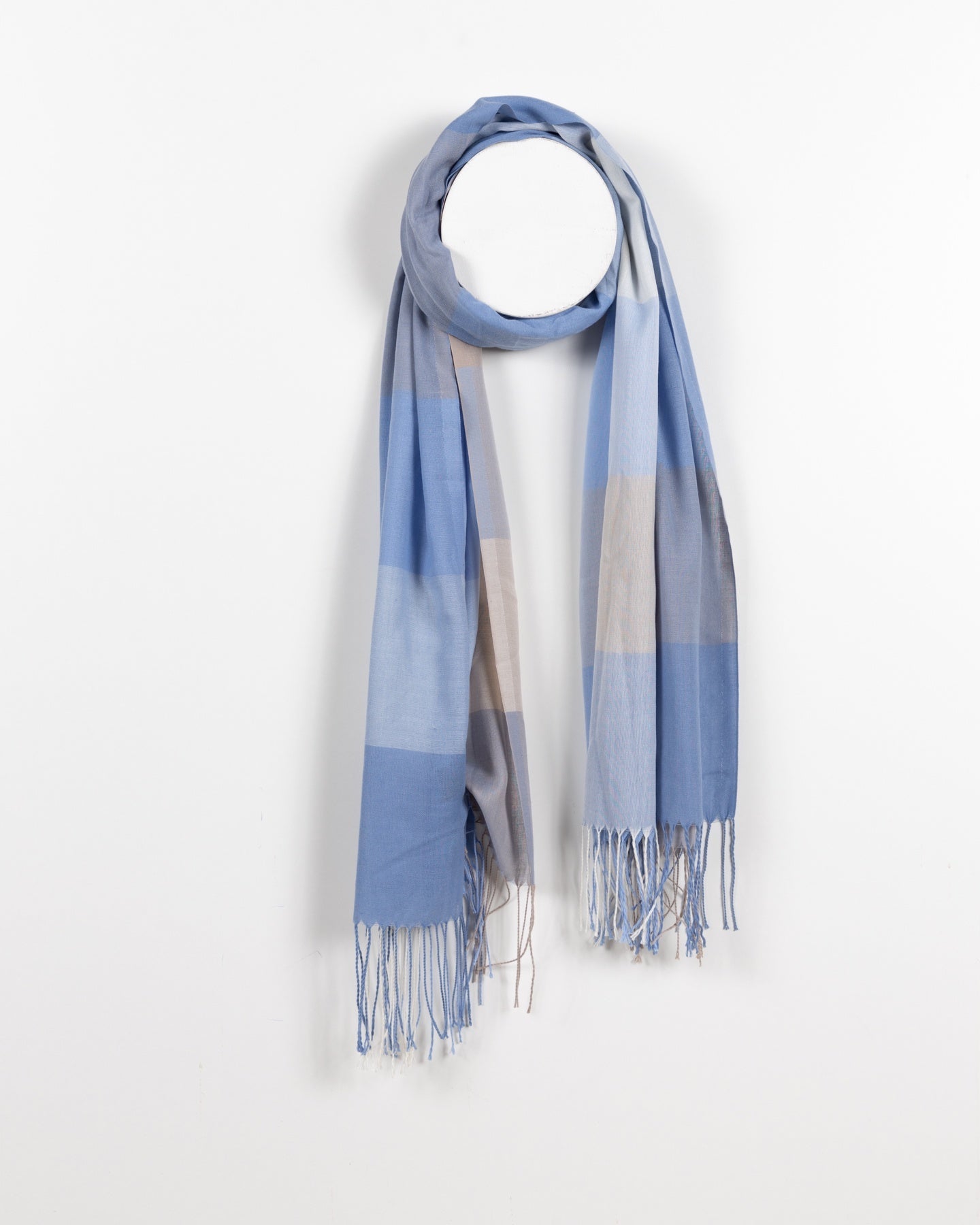 Blue, Grey, Beige, and White Sheer Checkered Scarf