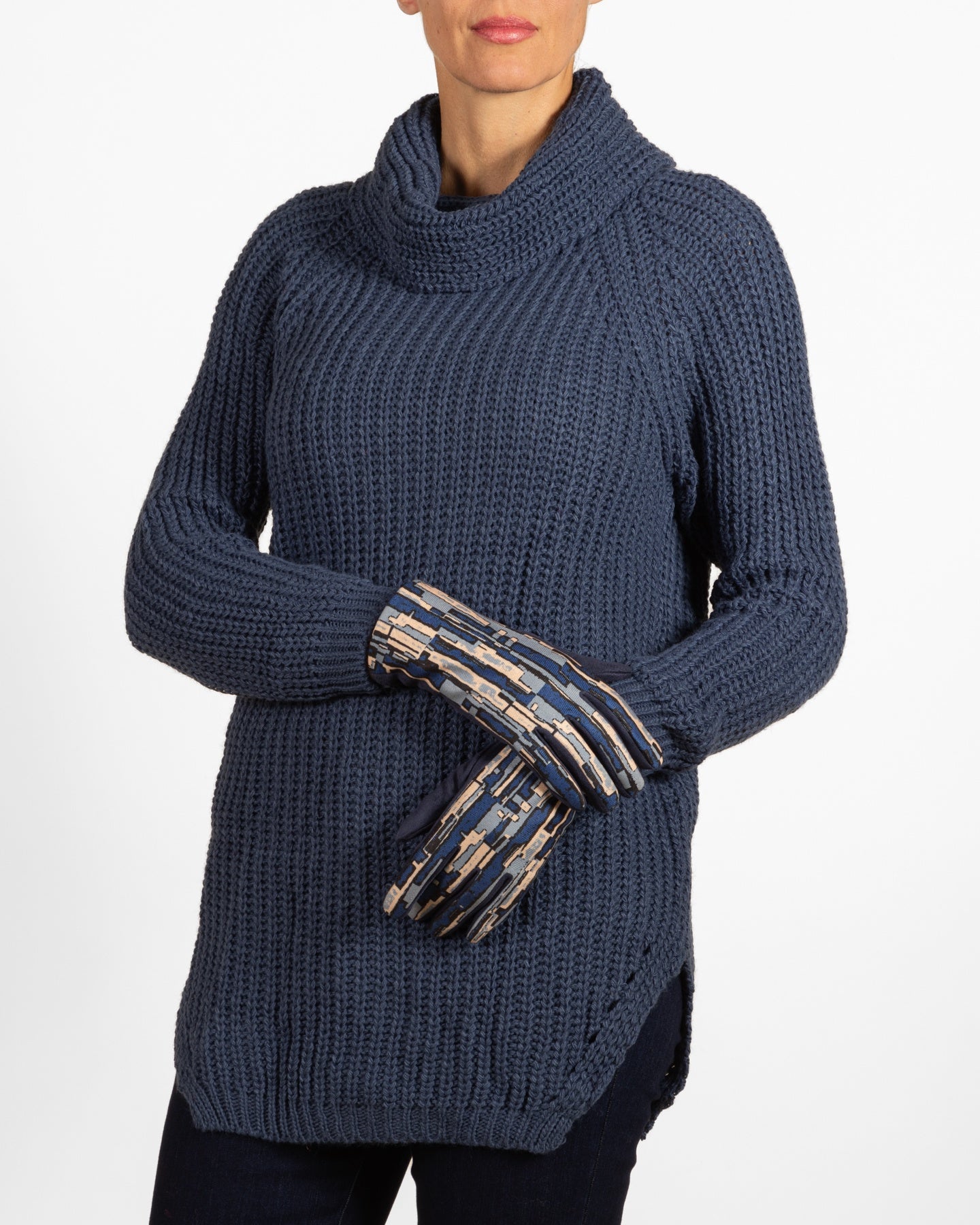 Denim Blue Drop Shoulder Cowl Neck Tunic Sweater