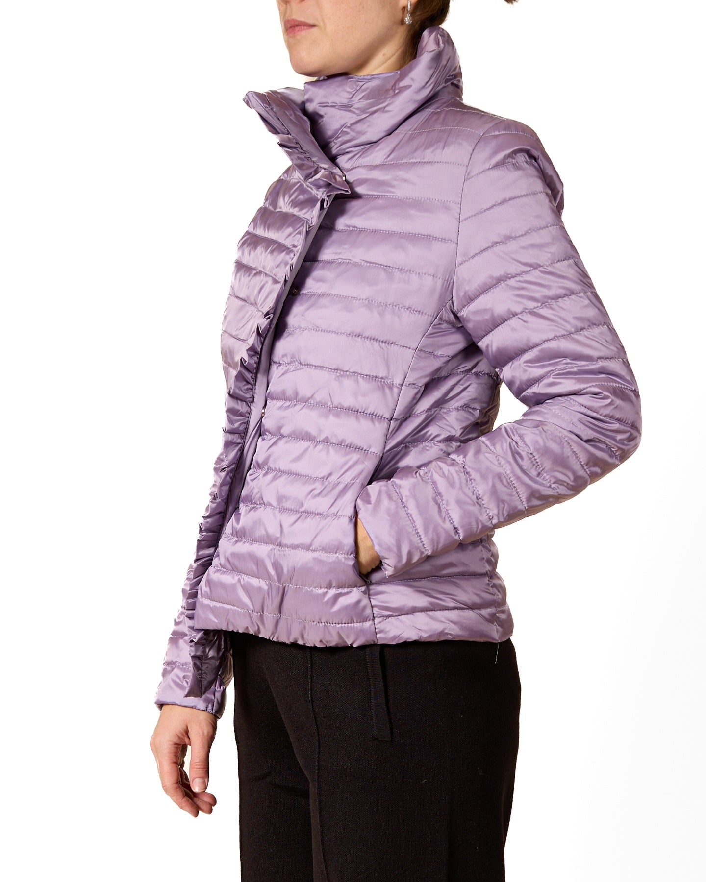 Lavender Asymmetrical Zip Quilted Jacket with Ruffle Accents