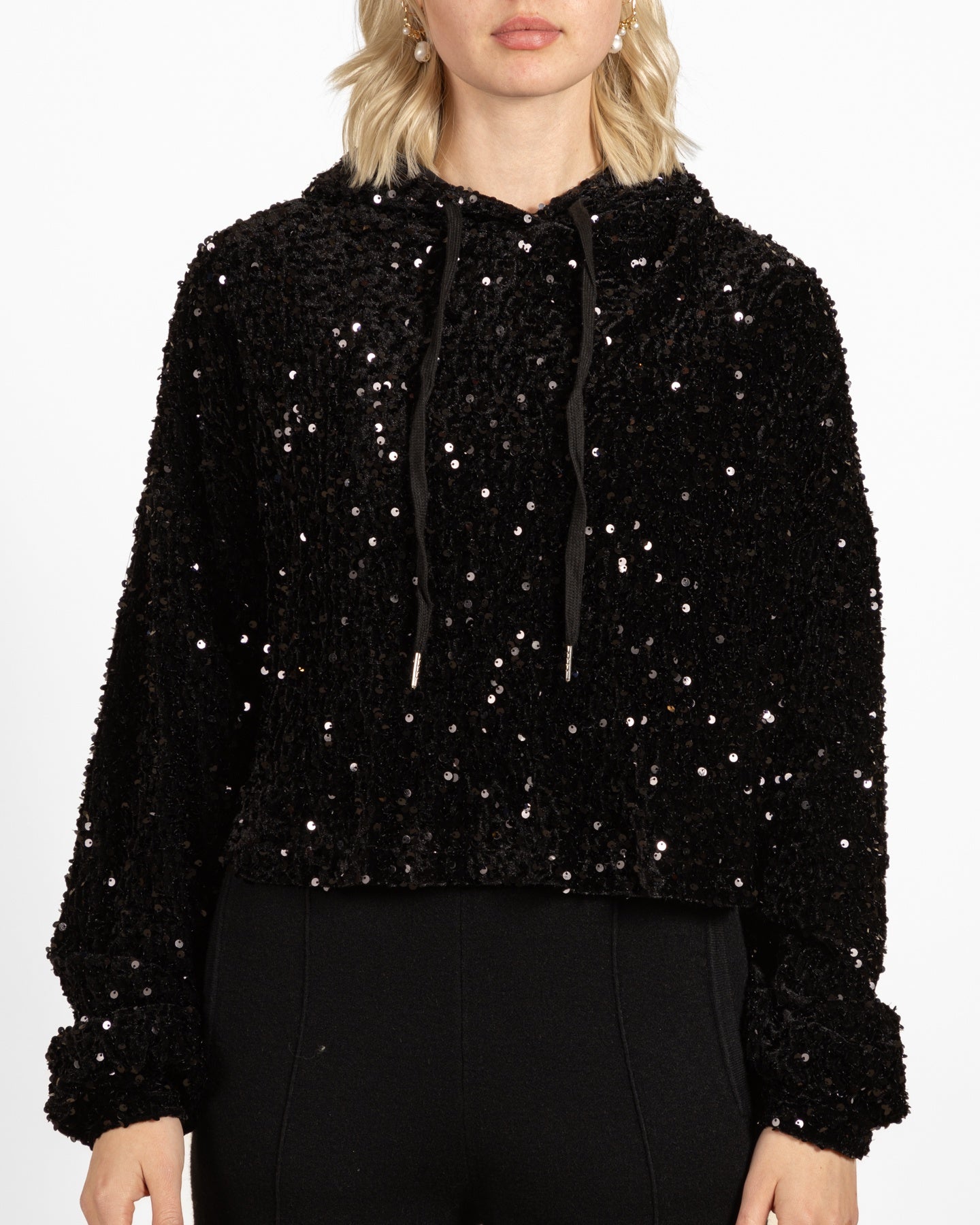 Black Hooded Sequin Top