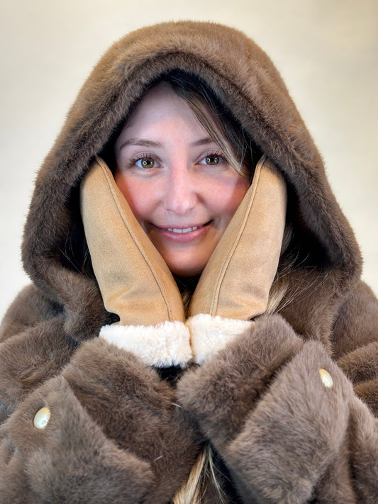 Faux Suede Fur Trimmed Taupe Mittens