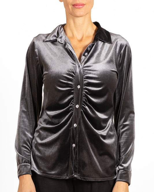 Pewter Button Front Puckered Front Velour Blouse