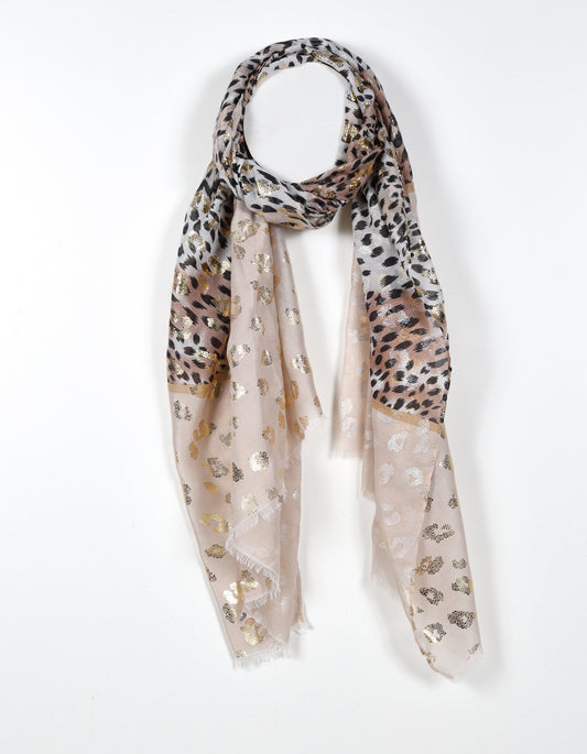 Lightweight Cheetah Print Scarf with Gold Accents in Beige