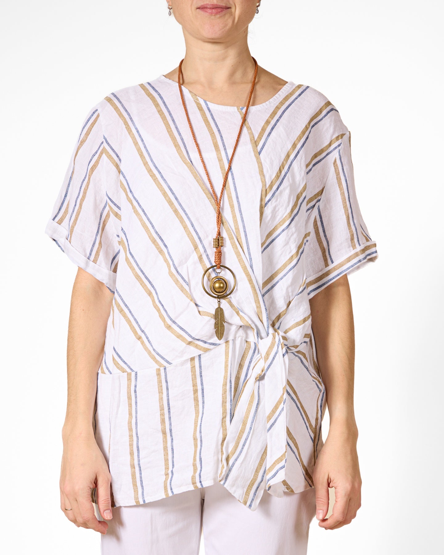 White Side Tie Stripe 2 pc Top with Necklace