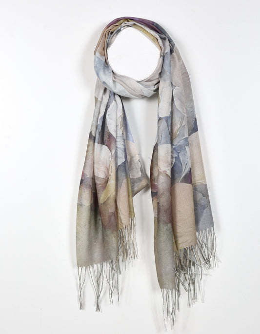 Fringed Floral Print Scarf in Beige
