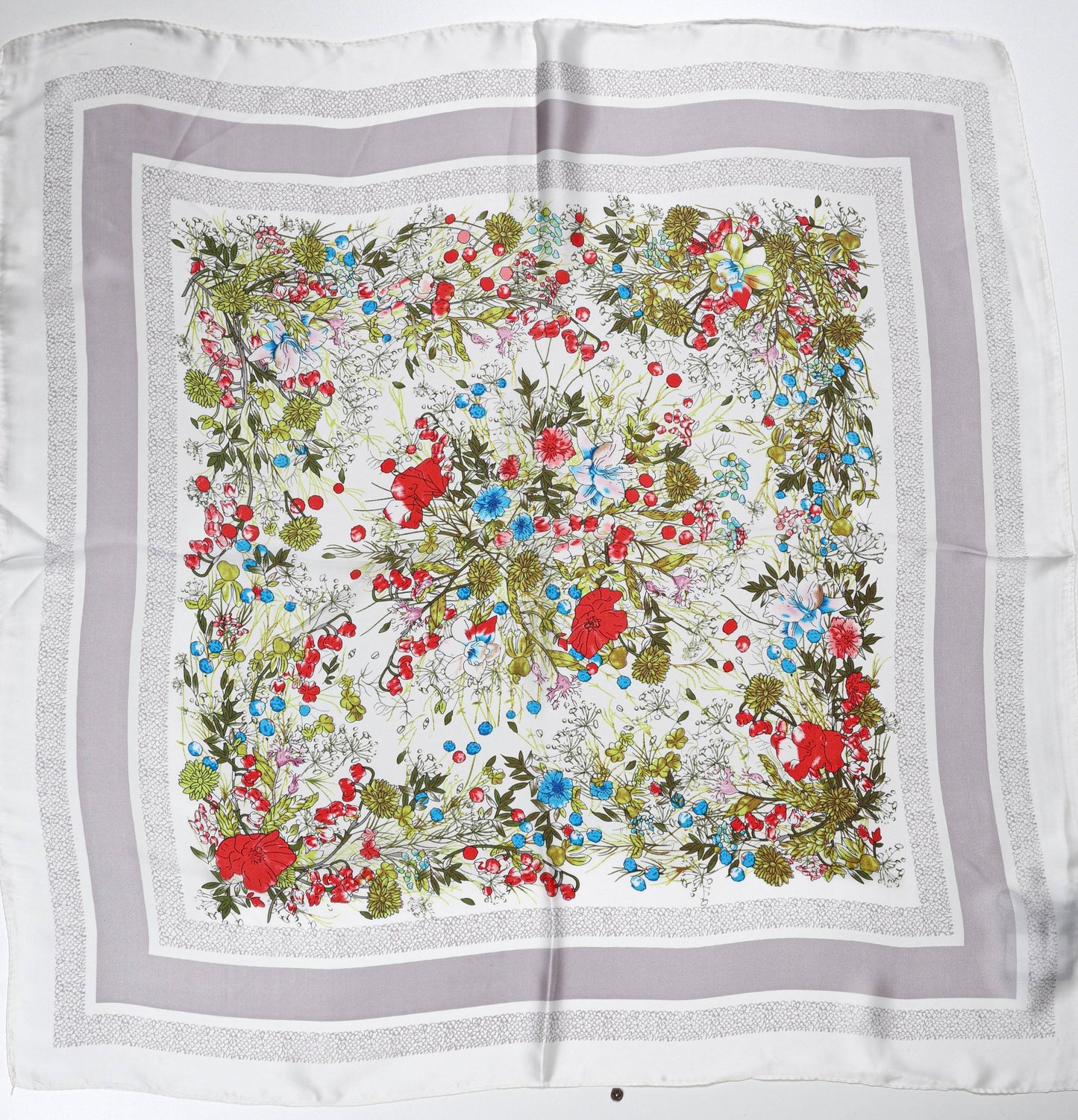 Decorative Silk Scarf with Floral Center & Grey Borders