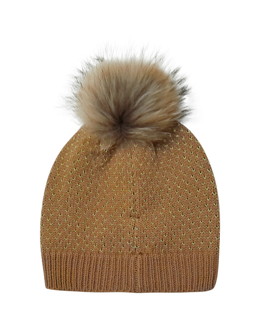 Cognac Beanie with Gold Detailing and Pom-Pom