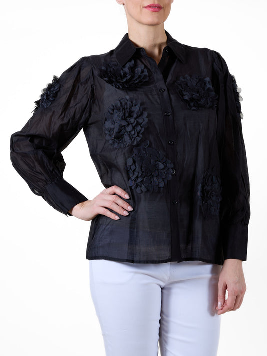 Black Button-Up Blouse with Fabric Flower Detailing