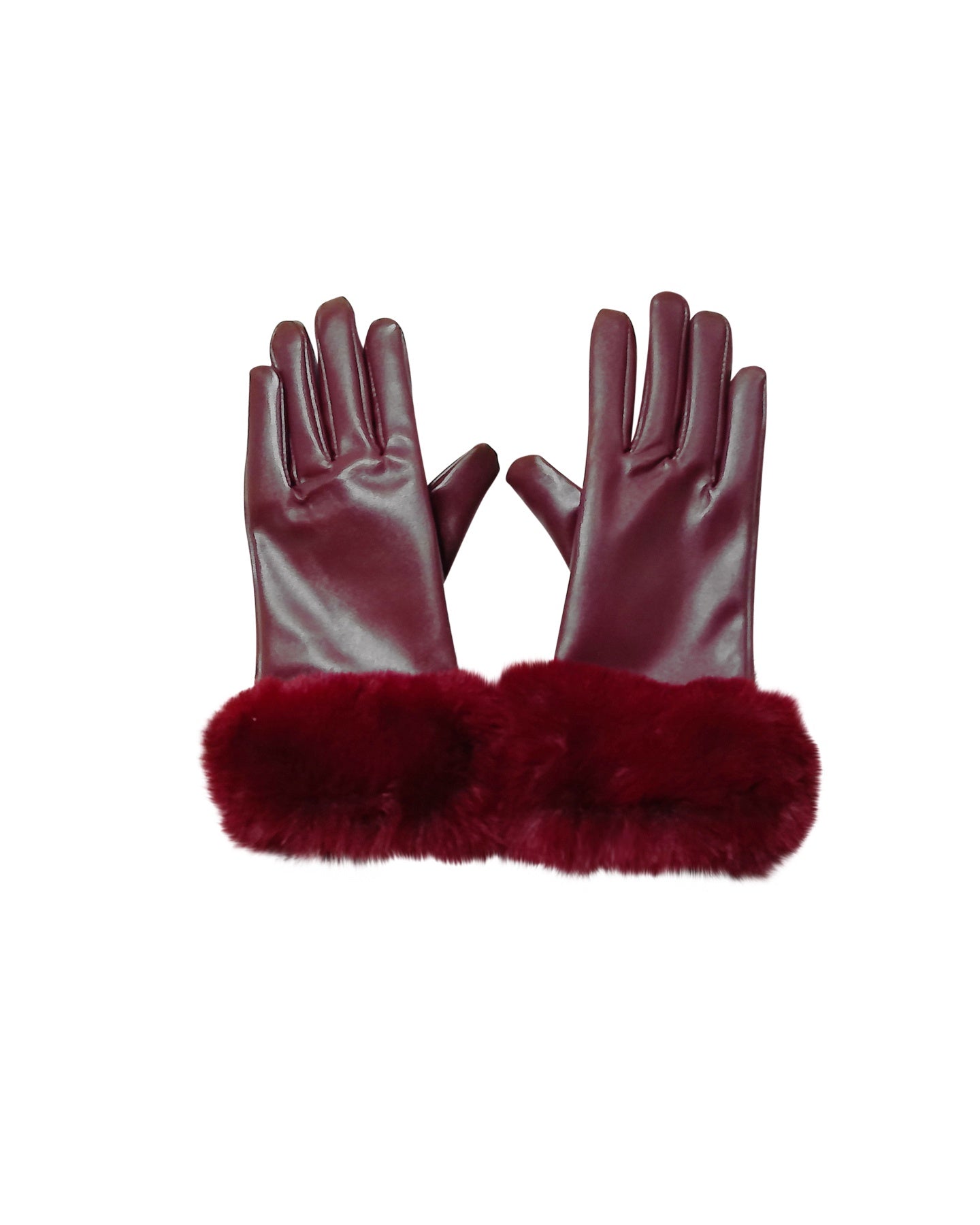 Wine Red Faux Leather Gloves with Faux Fur Trim