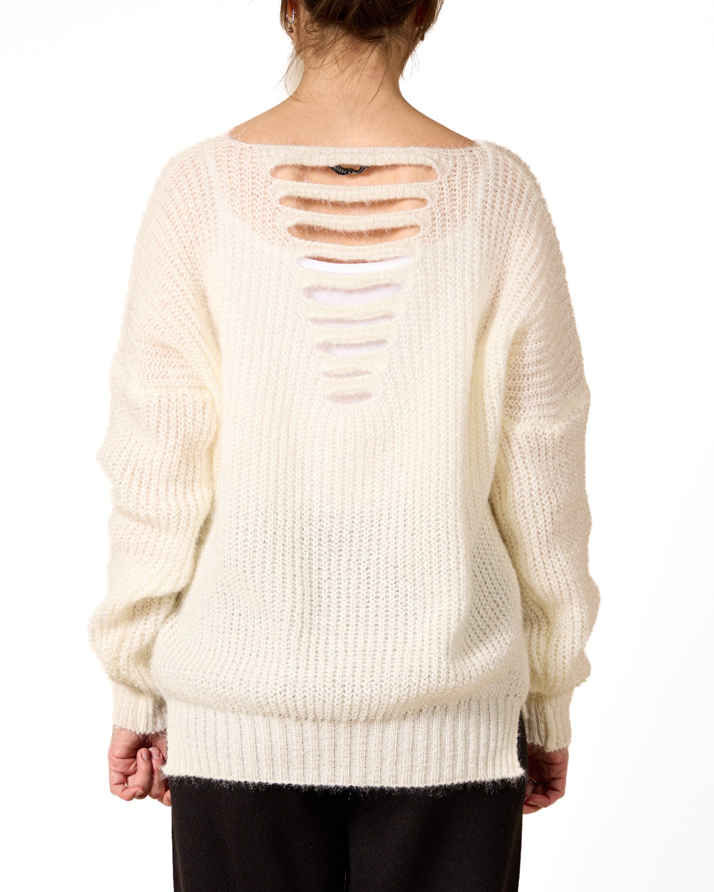 Snow V-NECK Novelty Cut Out Stripe Back Detail FUZZY Sweater