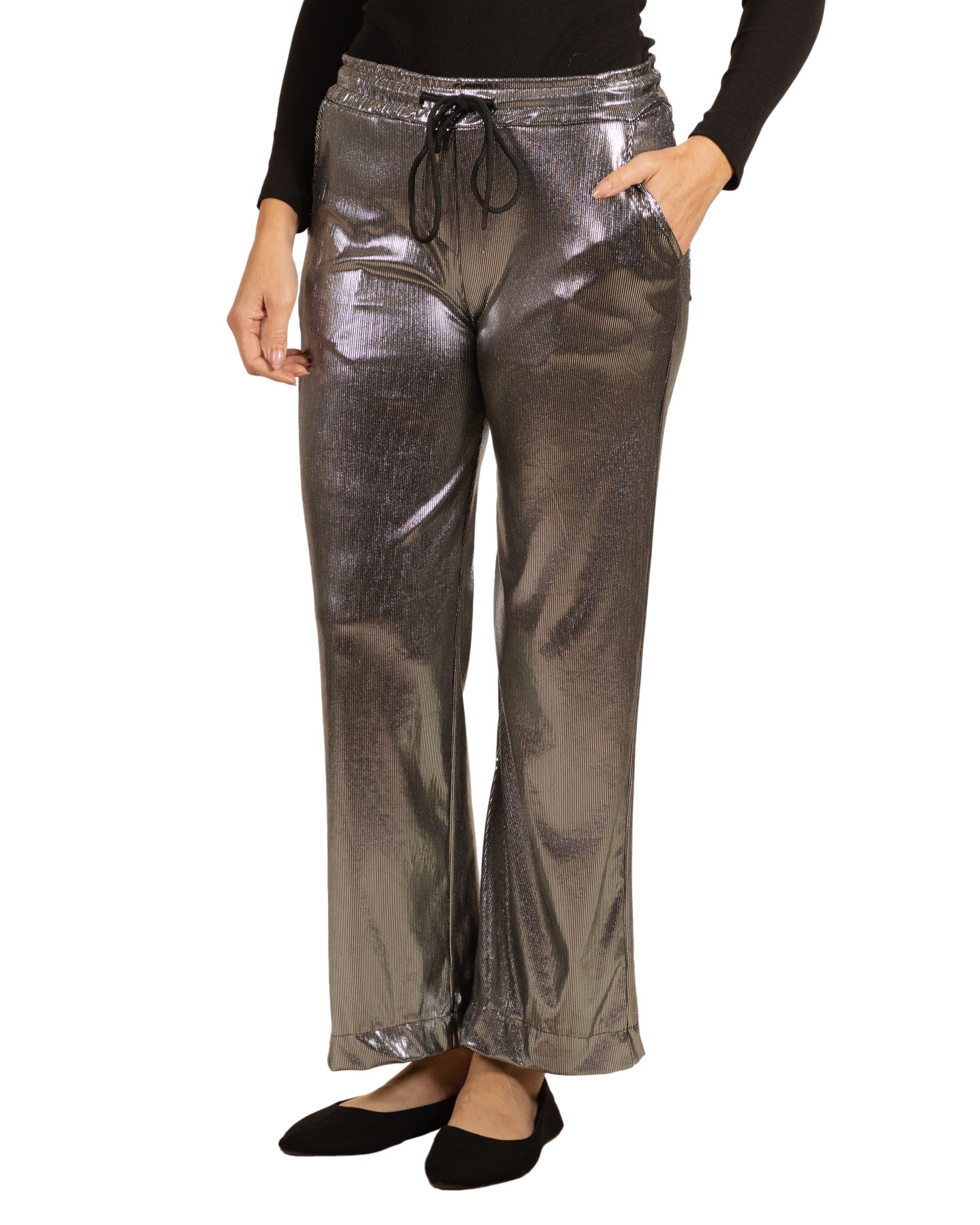 Silver Pull On Drawstring Lamé 4 Pocket Pant