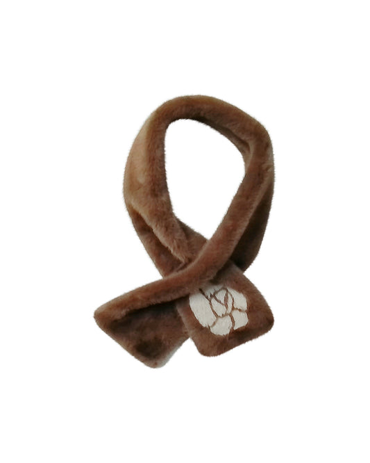 Brown Faux Fur Scarf with White Rose Detail