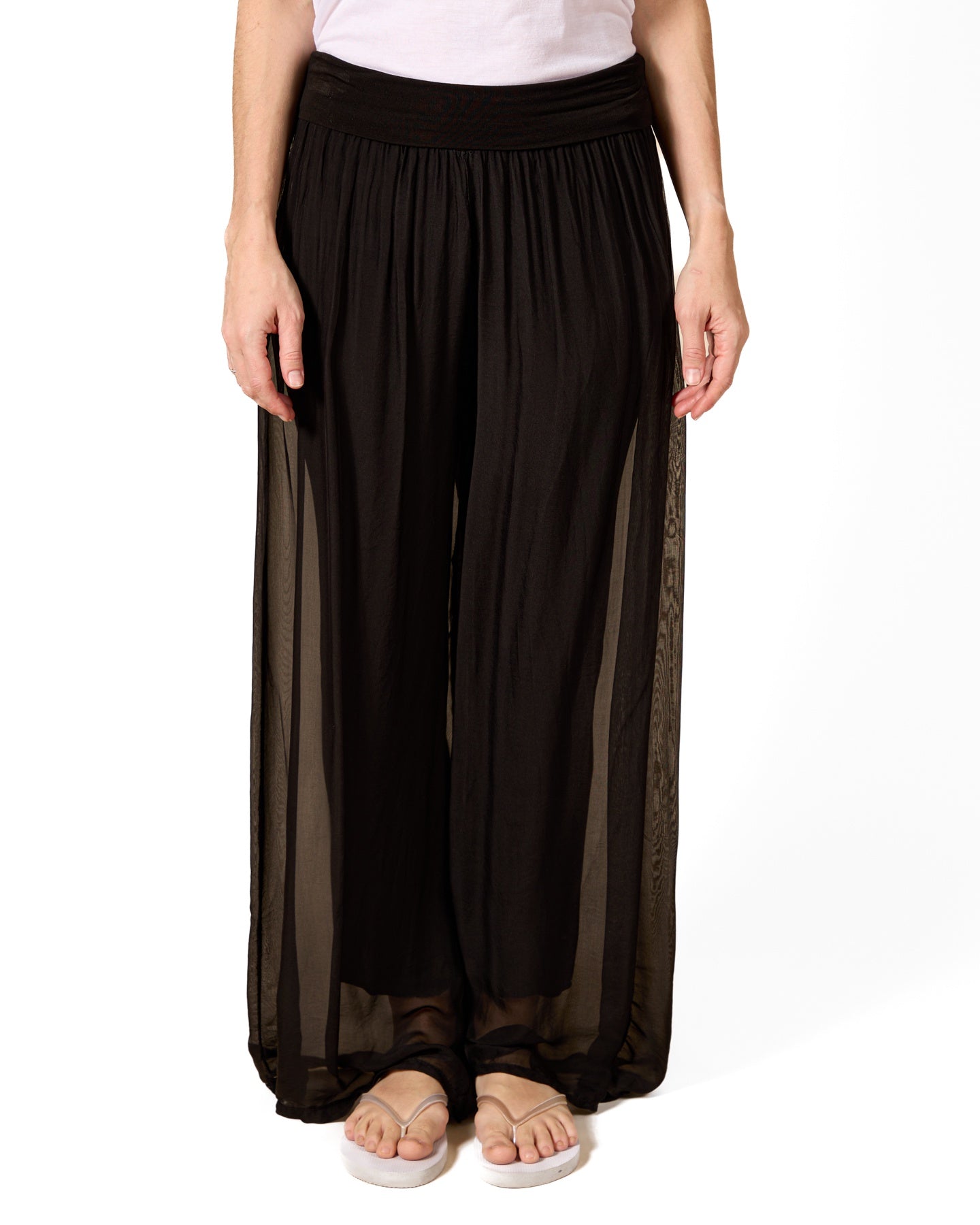 Black Pull On Wide Band Silk Combo Lined Pants