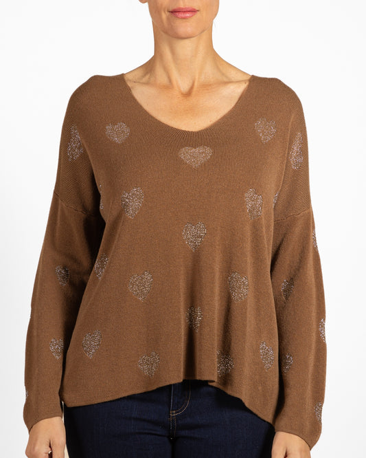 Cognac V NeckDrop Shoulder Allover Lurex Hearts Pullover