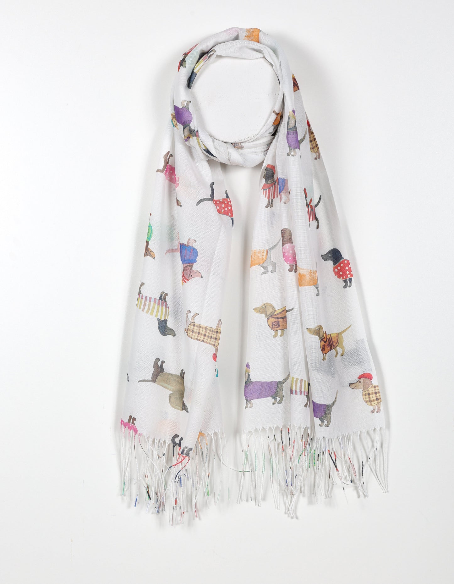 White Dachshund Print Scarf with Fringed Ends
