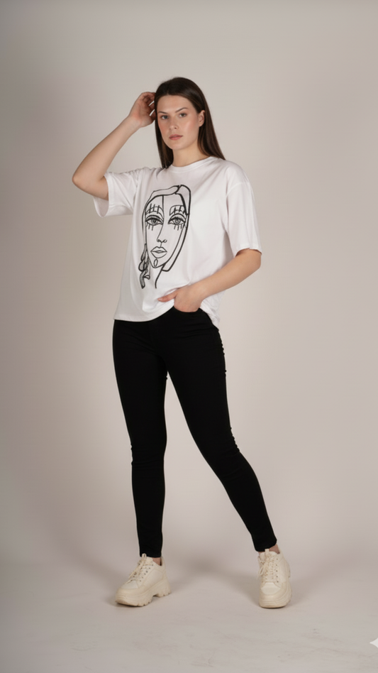 White Rhinestone Detail Face Graphic Tshirt