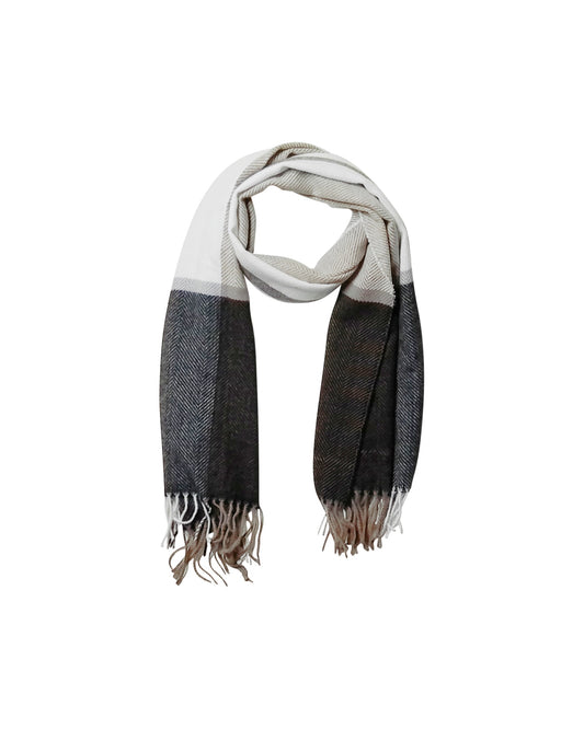 Herringbone White Color Block Scarf with Fringe