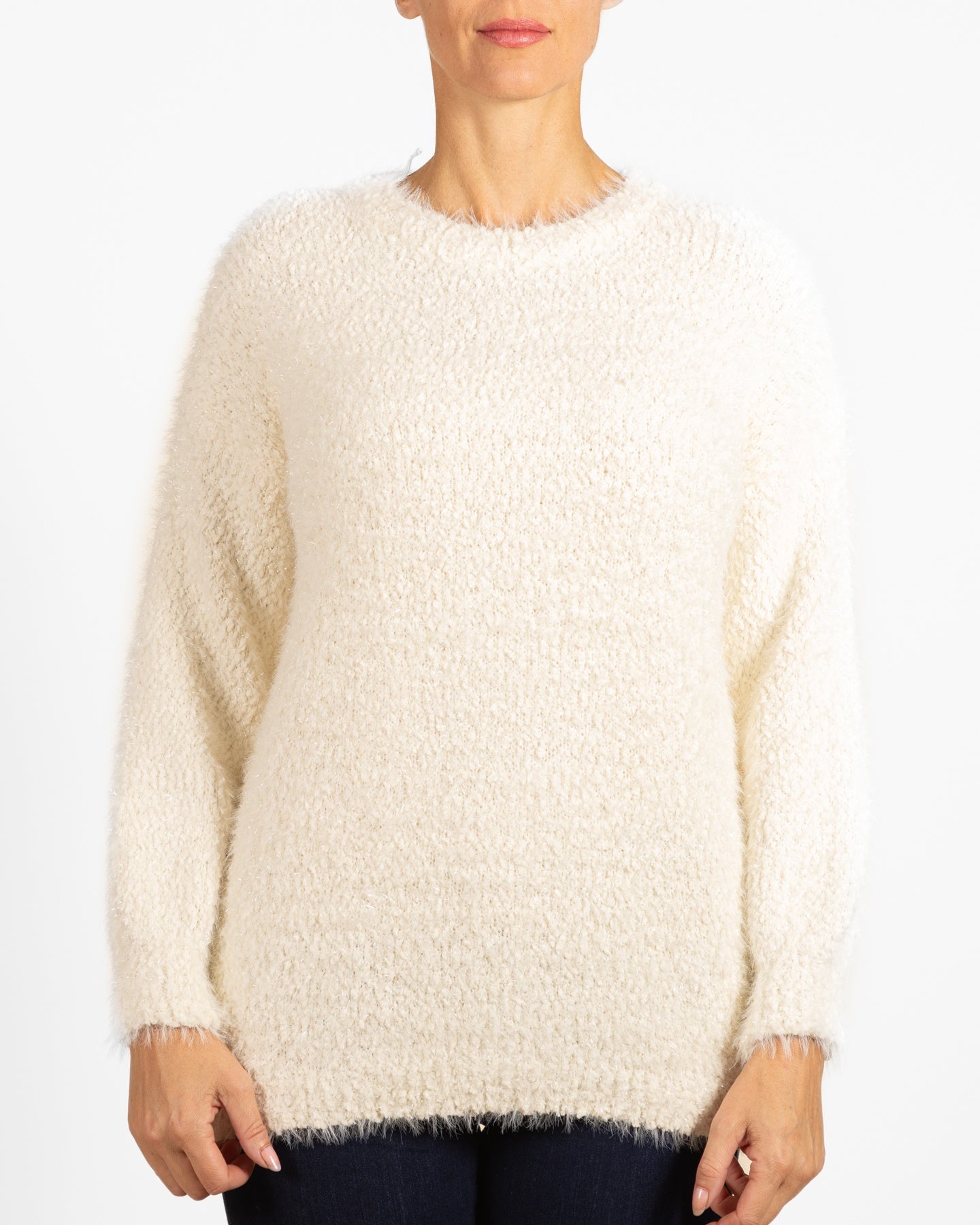 Ivory Round Neck Lurex Plush Sweater