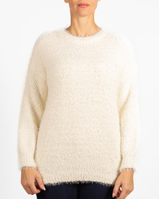 Ivory Round Neck Lurex Plush Sweater