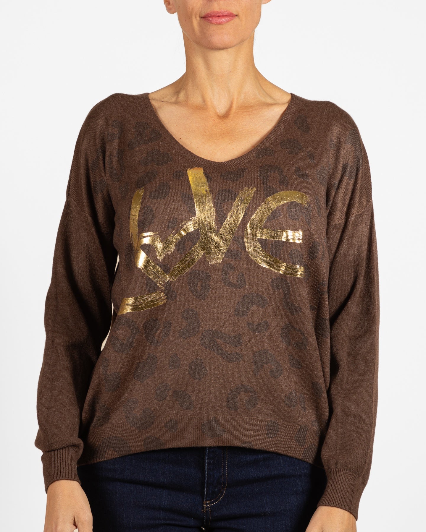 Espresso V Neck Drop Shoulder Rib Detail Animal Print Foil LOVE Pullo