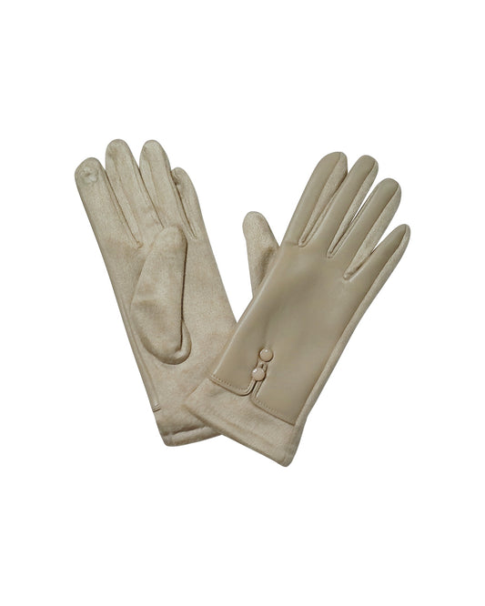 Beige Faux-Leather Gloves with Buttons