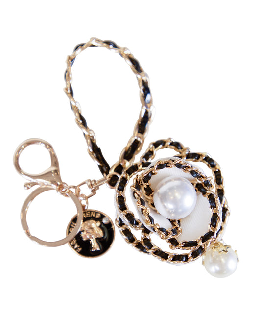 Black & Gold-Leather Twisted Chain Keychain with White Flower and Pearl