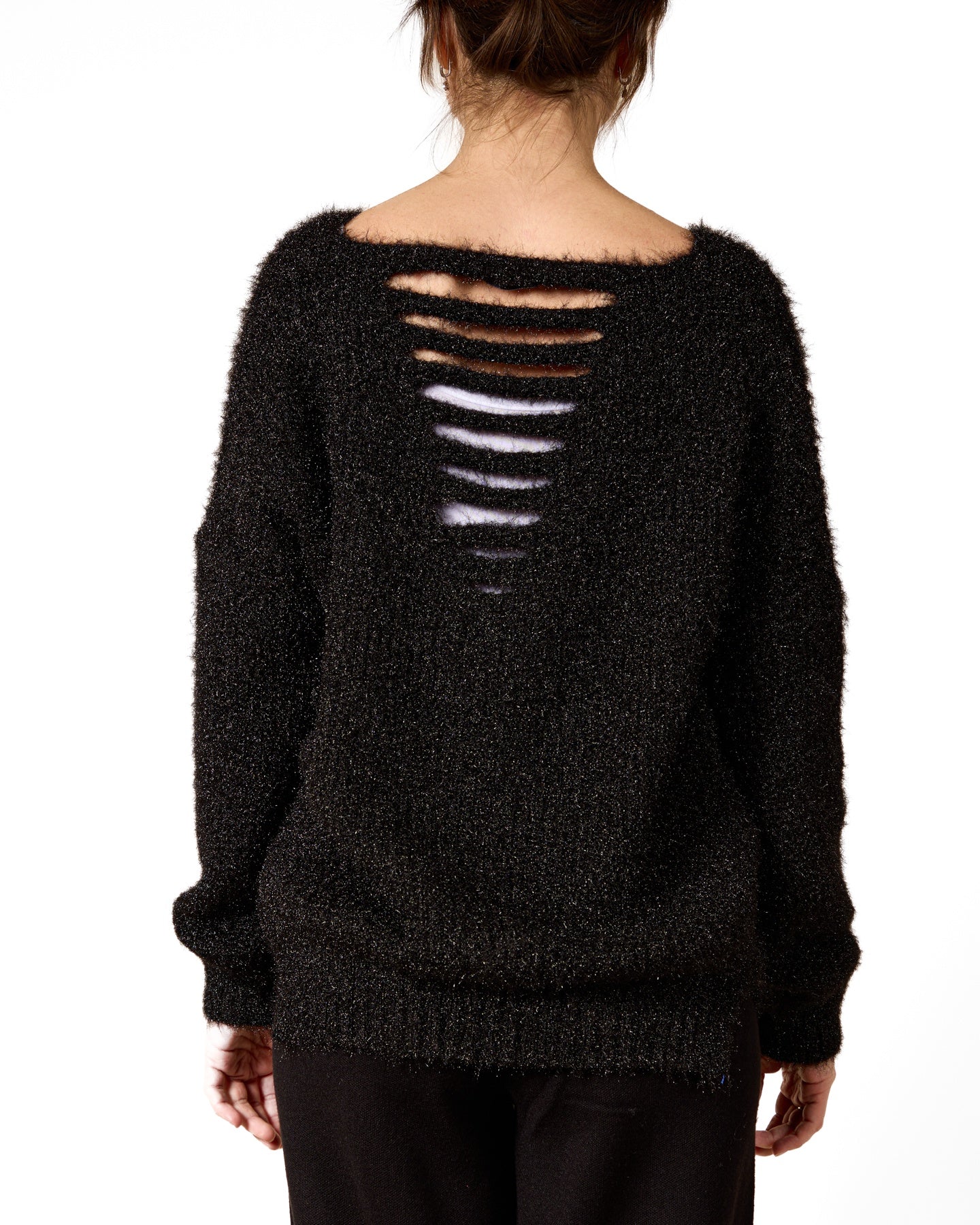 Ebony V-NECK Novelty Cut Out Stripe Back Detail FUZZY Sweater